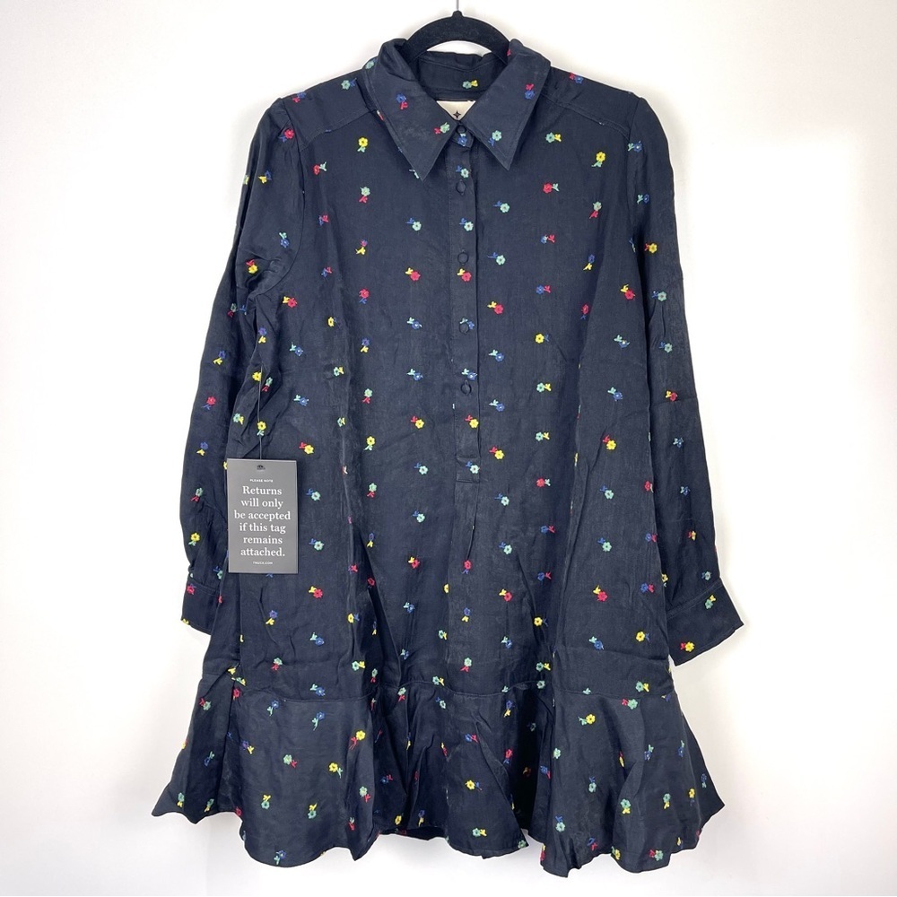 Tuckernuck Navy Floral-Embroidered Long-Sleeve Ruffle-Hem Dress